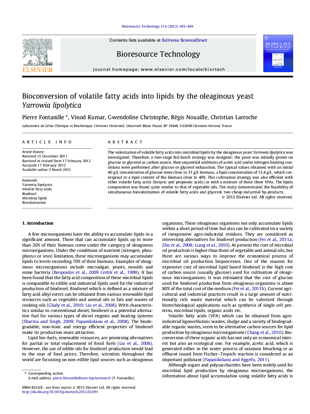 Bioconversion of volatile fatty acids into lipids by the oleaginous yeast Yarrowia lipolytica