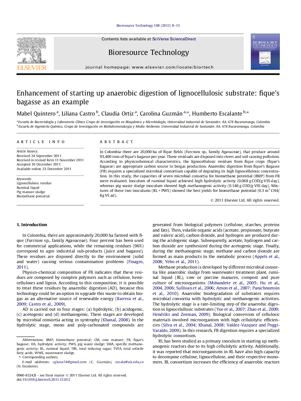 Enhancement of starting up anaerobic digestion of lignocellulosic substrate: fique's bagasse as an example