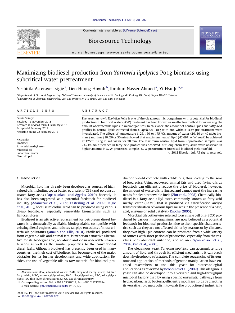 Maximizing biodiesel production from Yarrowia lipolytica Po1g biomass using subcritical water pretreatment