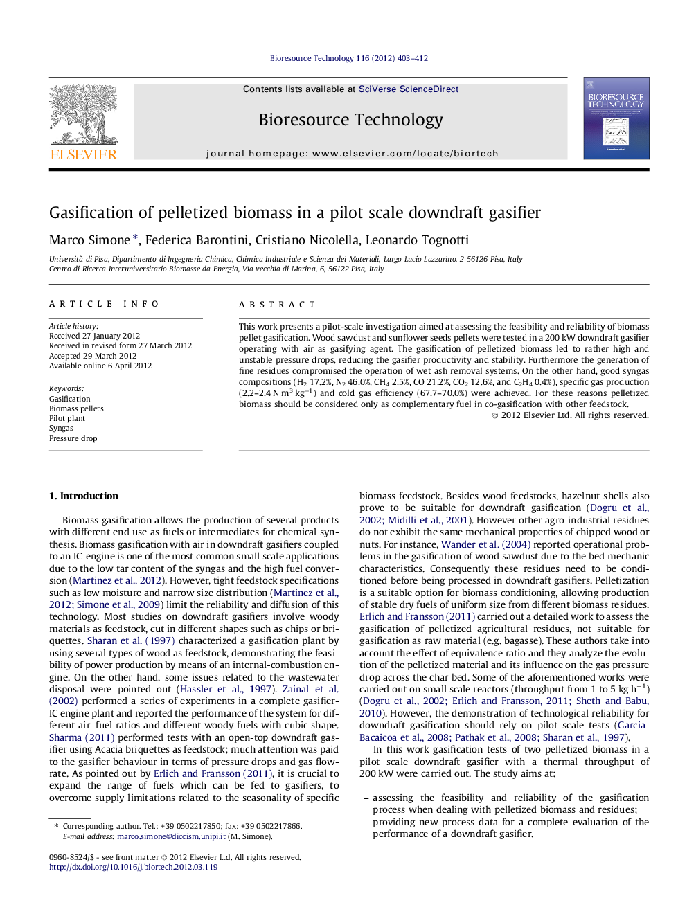 Gasification of pelletized biomass in a pilot scale downdraft gasifier