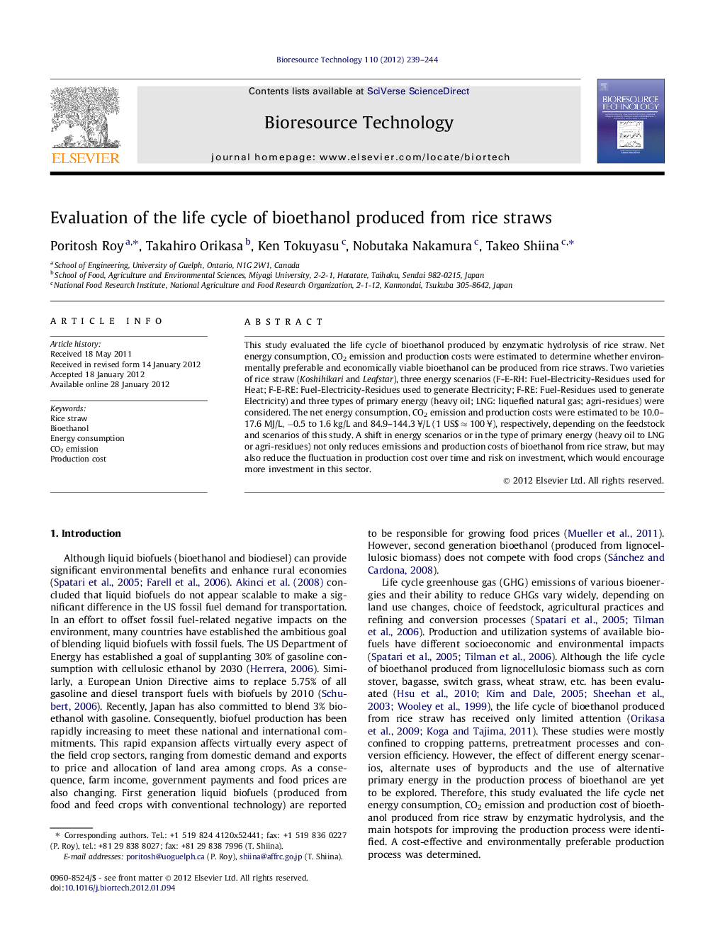 Evaluation of the life cycle of bioethanol produced from rice straws