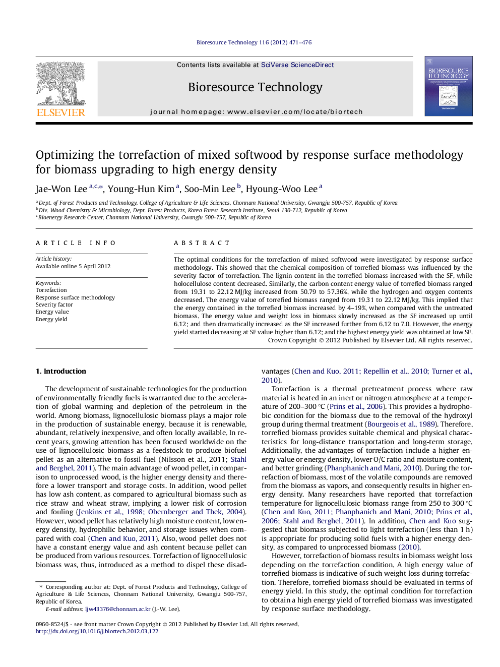 Optimizing the torrefaction of mixed softwood by response surface methodology for biomass upgrading to high energy density