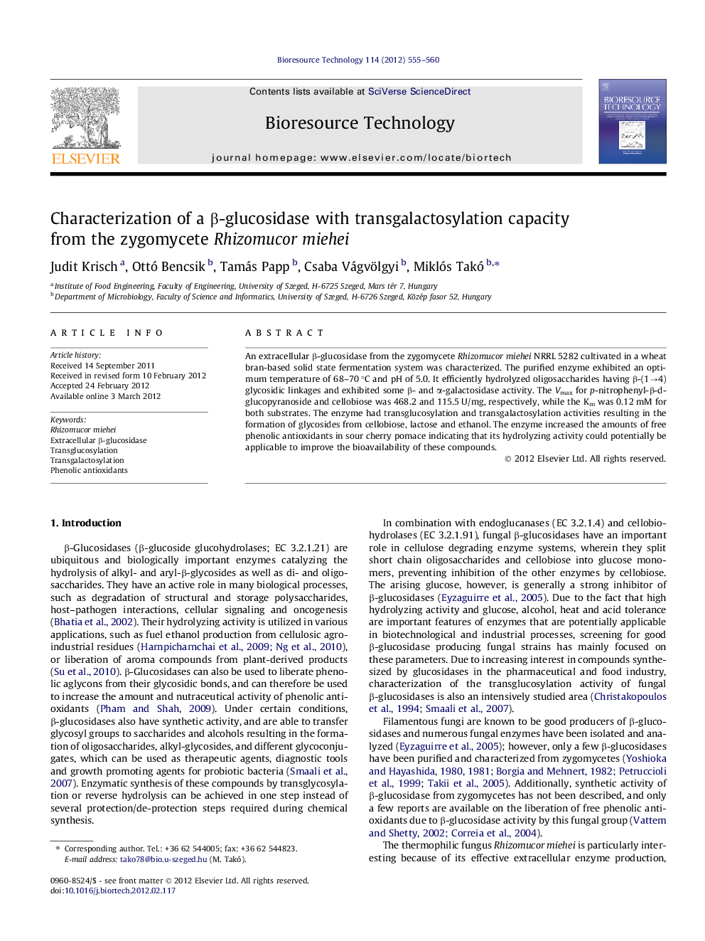 Characterization of a Î²-glucosidase with transgalactosylation capacity from the zygomycete Rhizomucor miehei