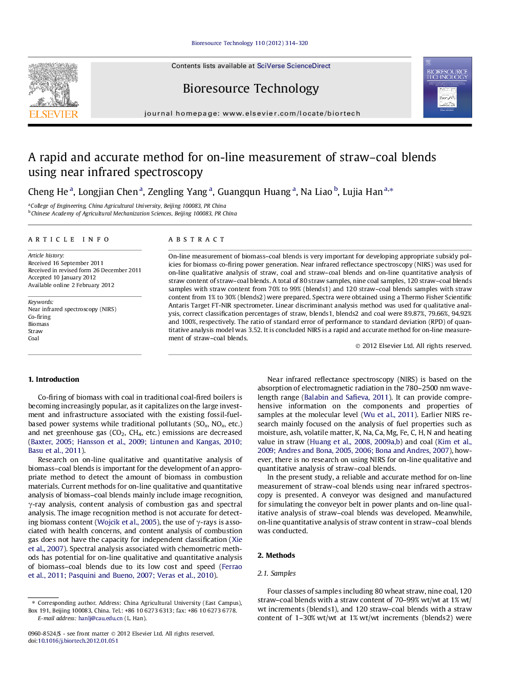 A rapid and accurate method for on-line measurement of straw-coal blends using near infrared spectroscopy