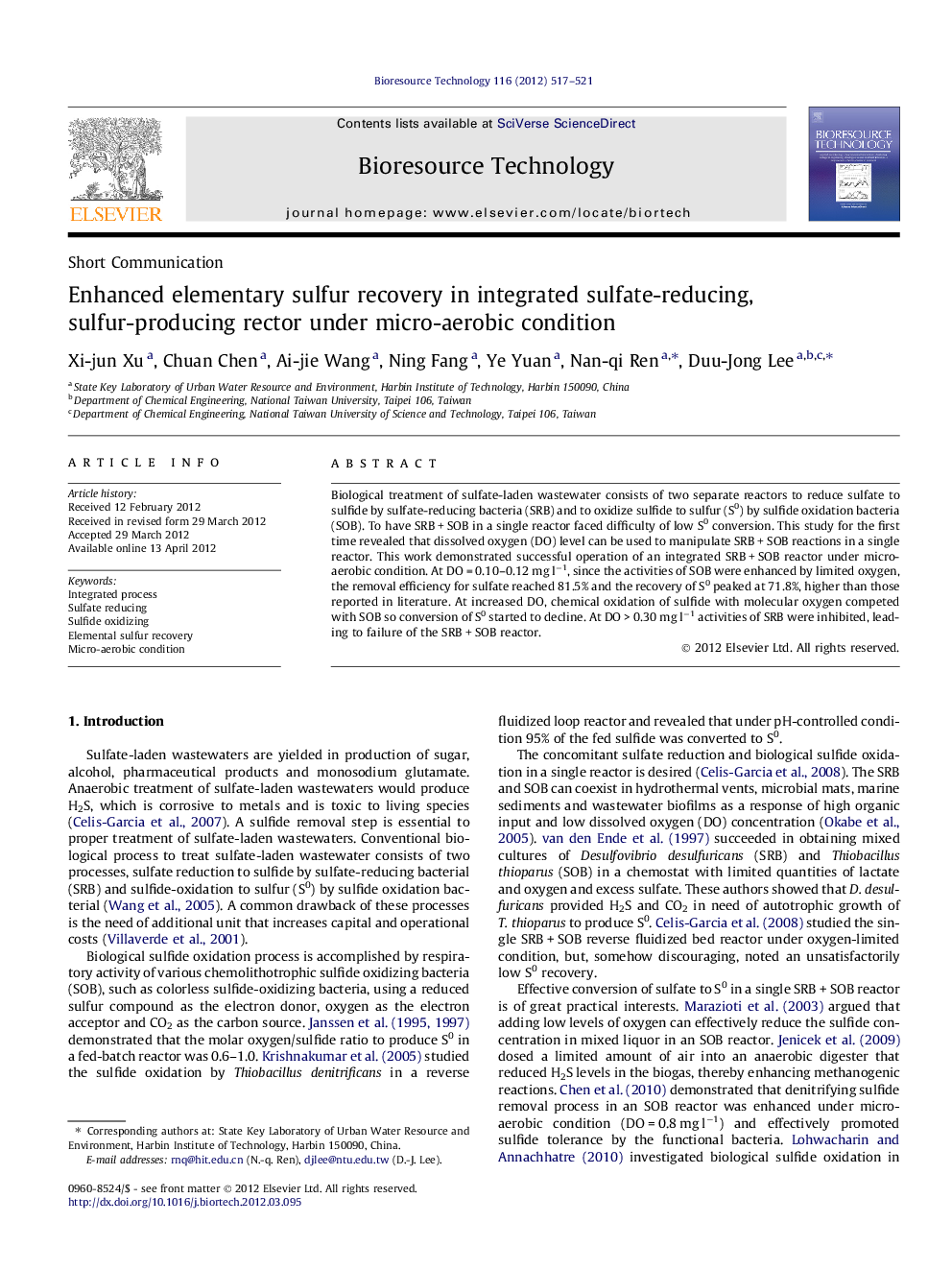 Enhanced elementary sulfur recovery in integrated sulfate-reducing, sulfur-producing rector under micro-aerobic condition