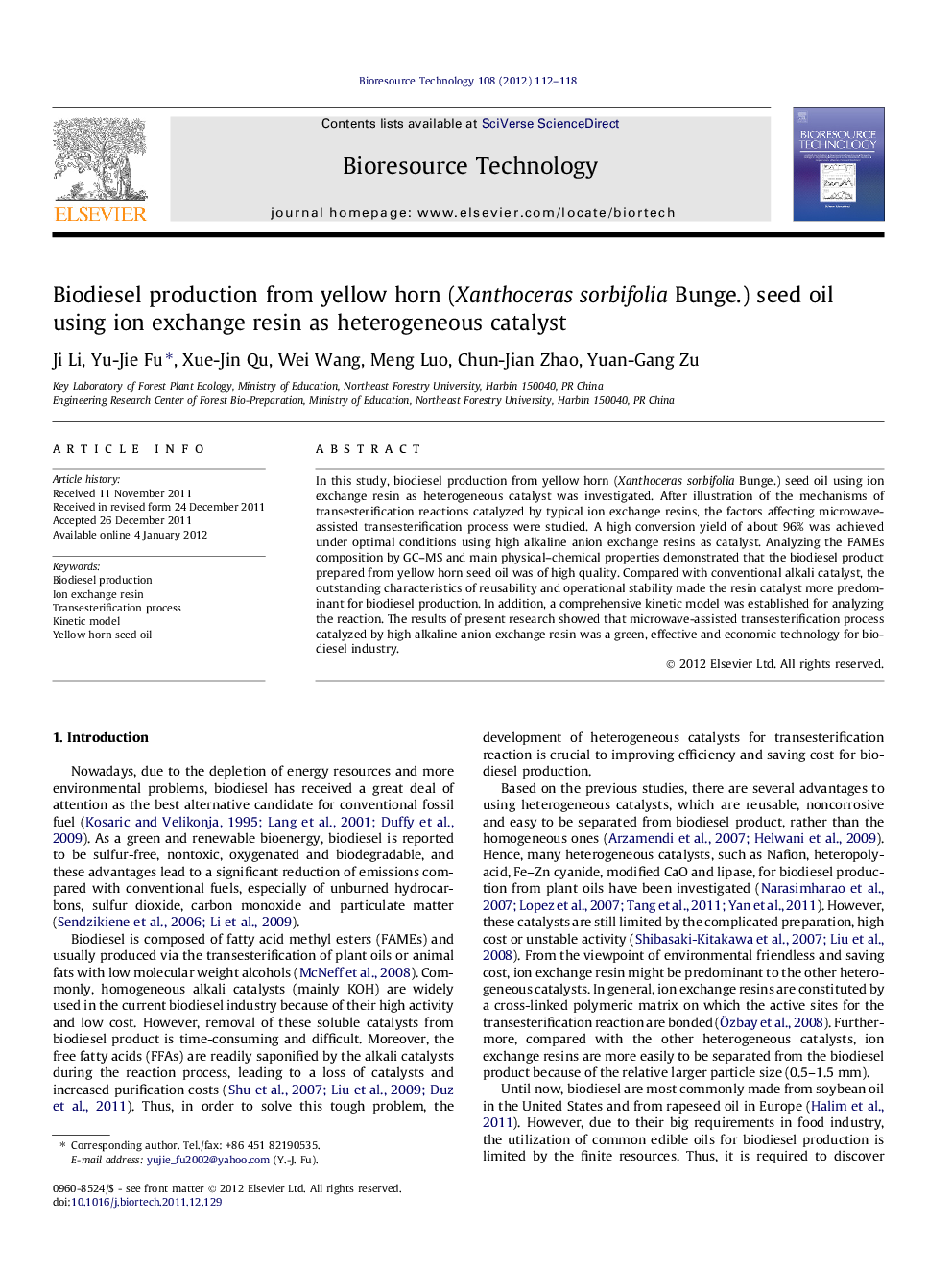 Biodiesel production from yellow horn (Xanthoceras sorbifolia Bunge.) seed oil using ion exchange resin as heterogeneous catalyst