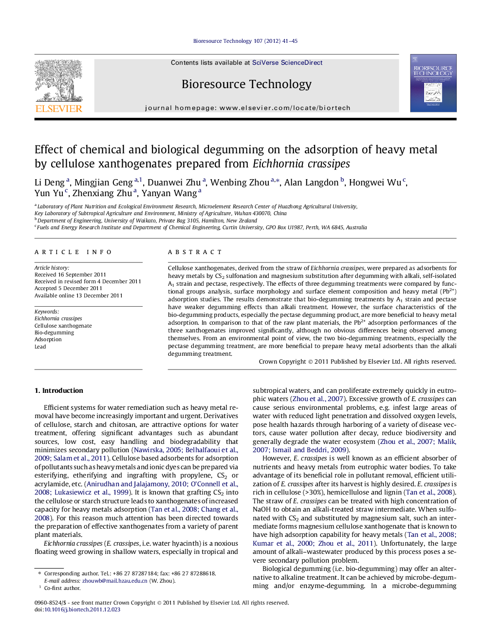 Effect of chemical and biological degumming on the adsorption of heavy metal by cellulose xanthogenates prepared from Eichhornia crassipes