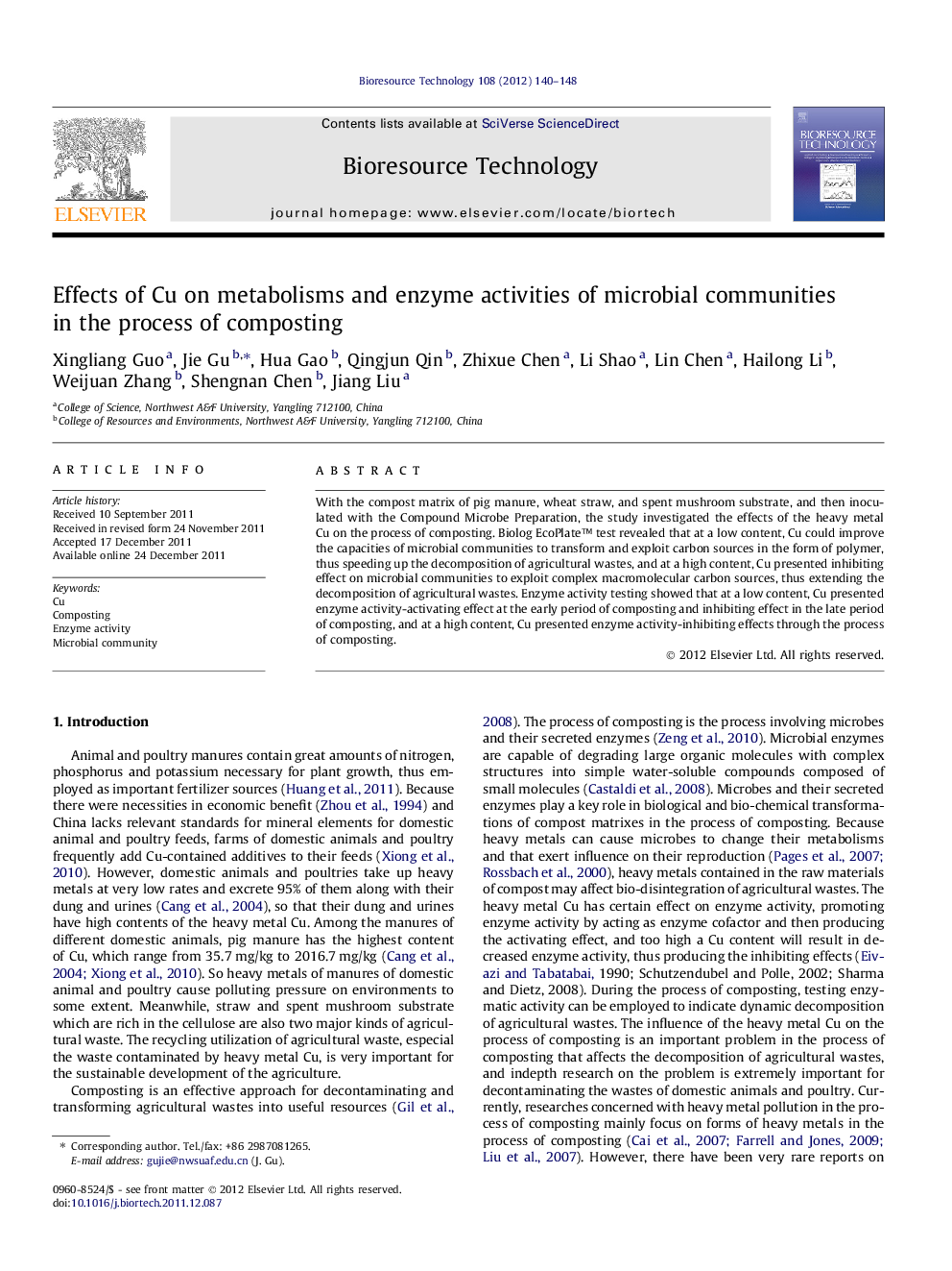 Effects of Cu on metabolisms and enzyme activities of microbial communities in the process of composting