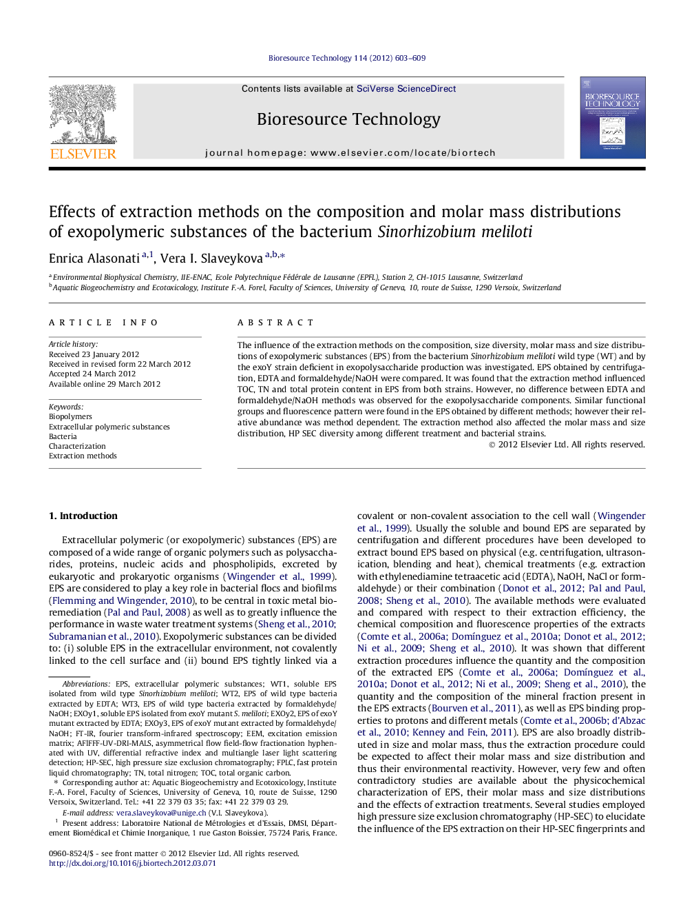 Effects of extraction methods on the composition and molar mass distributions of exopolymeric substances of the bacterium Sinorhizobium meliloti