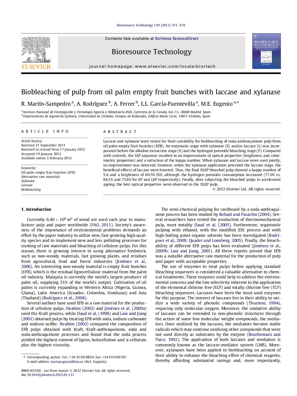 Biobleaching of pulp from oil palm empty fruit bunches with laccase and xylanase