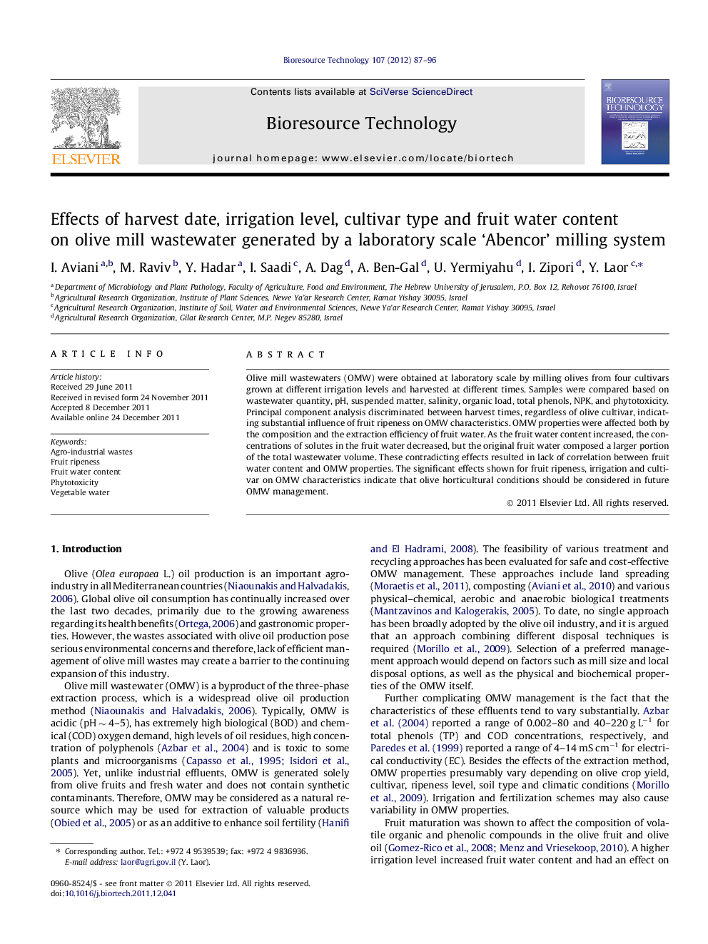 Effects of harvest date, irrigation level, cultivar type and fruit water content on olive mill wastewater generated by a laboratory scale 'Abencor' milling system