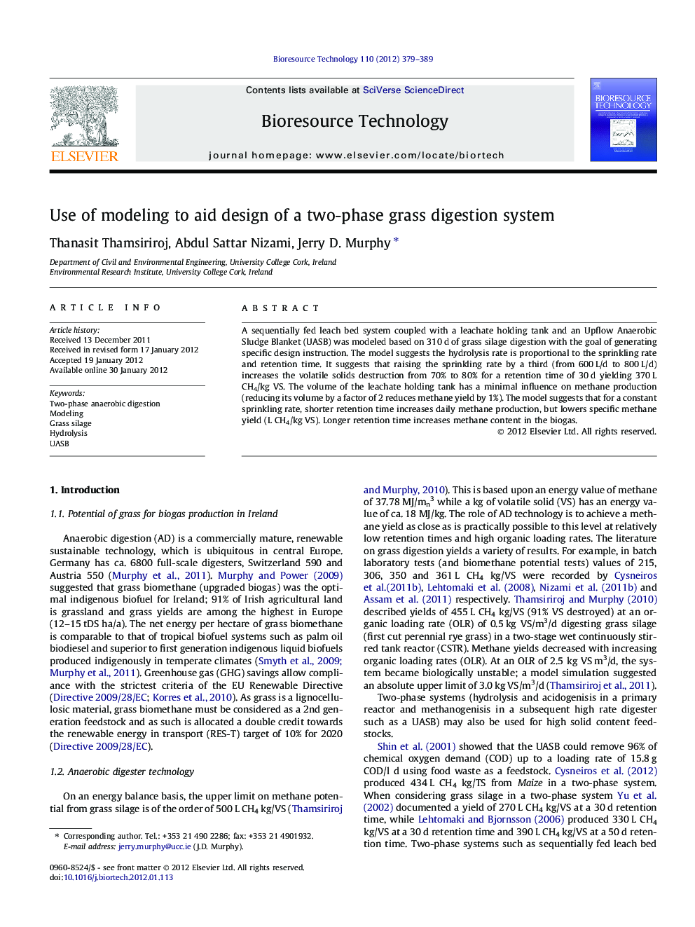 Use of modeling to aid design of a two-phase grass digestion system