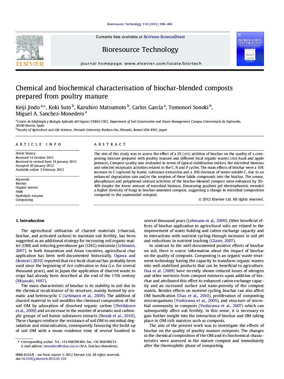 Chemical and biochemical characterisation of biochar-blended composts prepared from poultry manure