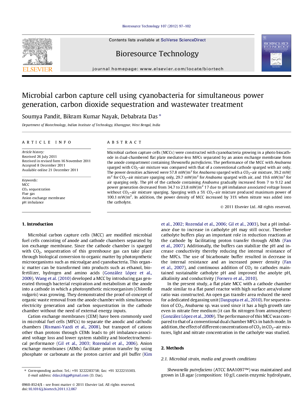 عکس صفحه اول مقاله: Microbial carbon capture cell using cyanobacteria for simultaneous power generation, carbon dioxide sequestration and wastewater treatment Microbial carbon capture cell using cyanobacteria for simultaneous power generation, carbon dioxide sequestration and wastewater treatment