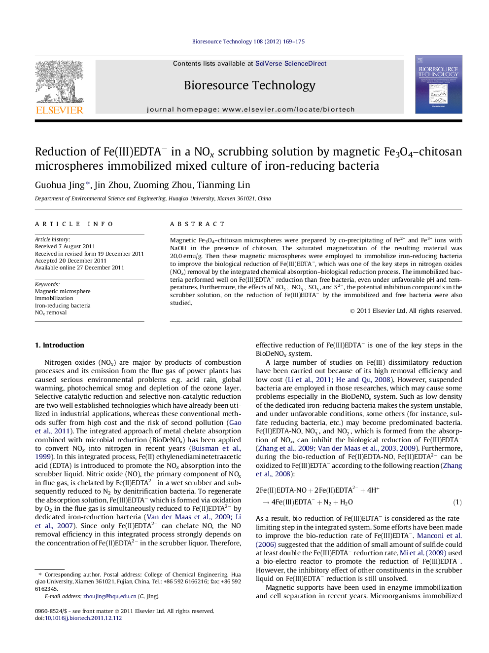 Reduction of Fe(III)EDTAâ in a NOx scrubbing solution by magnetic Fe3O4-chitosan microspheres immobilized mixed culture of iron-reducing bacteria