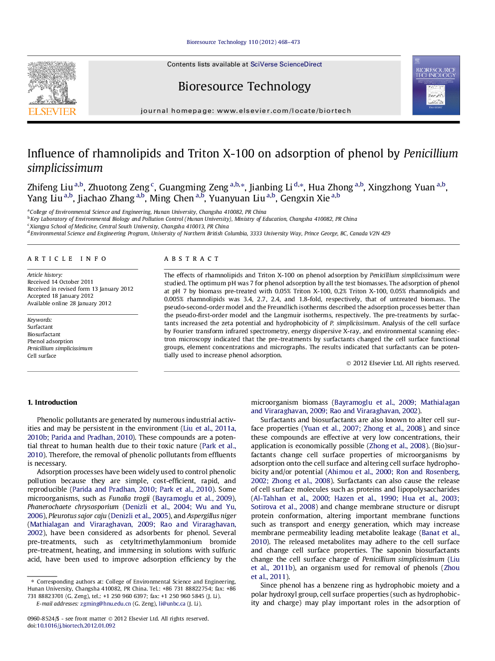 Influence of rhamnolipids and Triton X-100 on adsorption of phenol by Penicillium simplicissimum