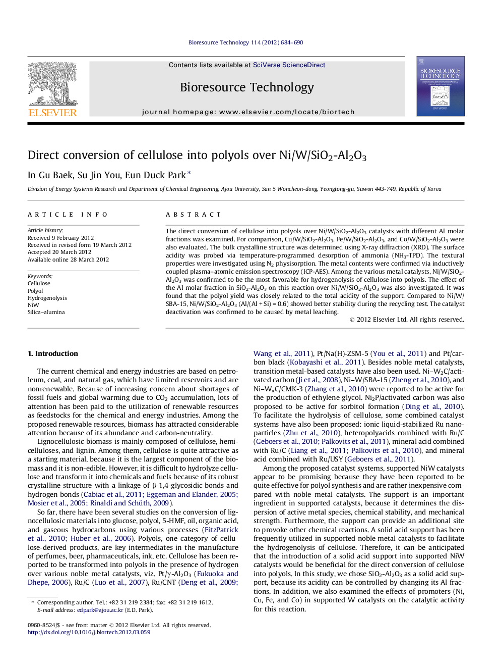 عکس صفحه اول مقاله: Direct conversion of cellulose into polyols over Ni/W/SiO2-Al2O3 Direct conversion of cellulose into polyols over Ni/W/SiO2-Al2O3