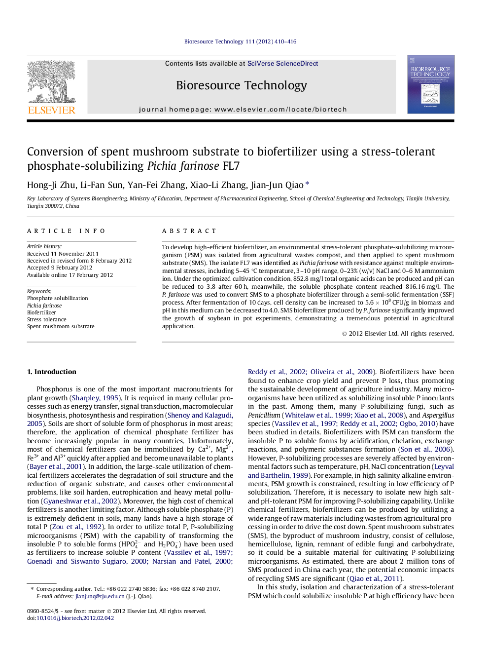 Conversion of spent mushroom substrate to biofertilizer using a stress-tolerant phosphate-solubilizing Pichia farinose FL7