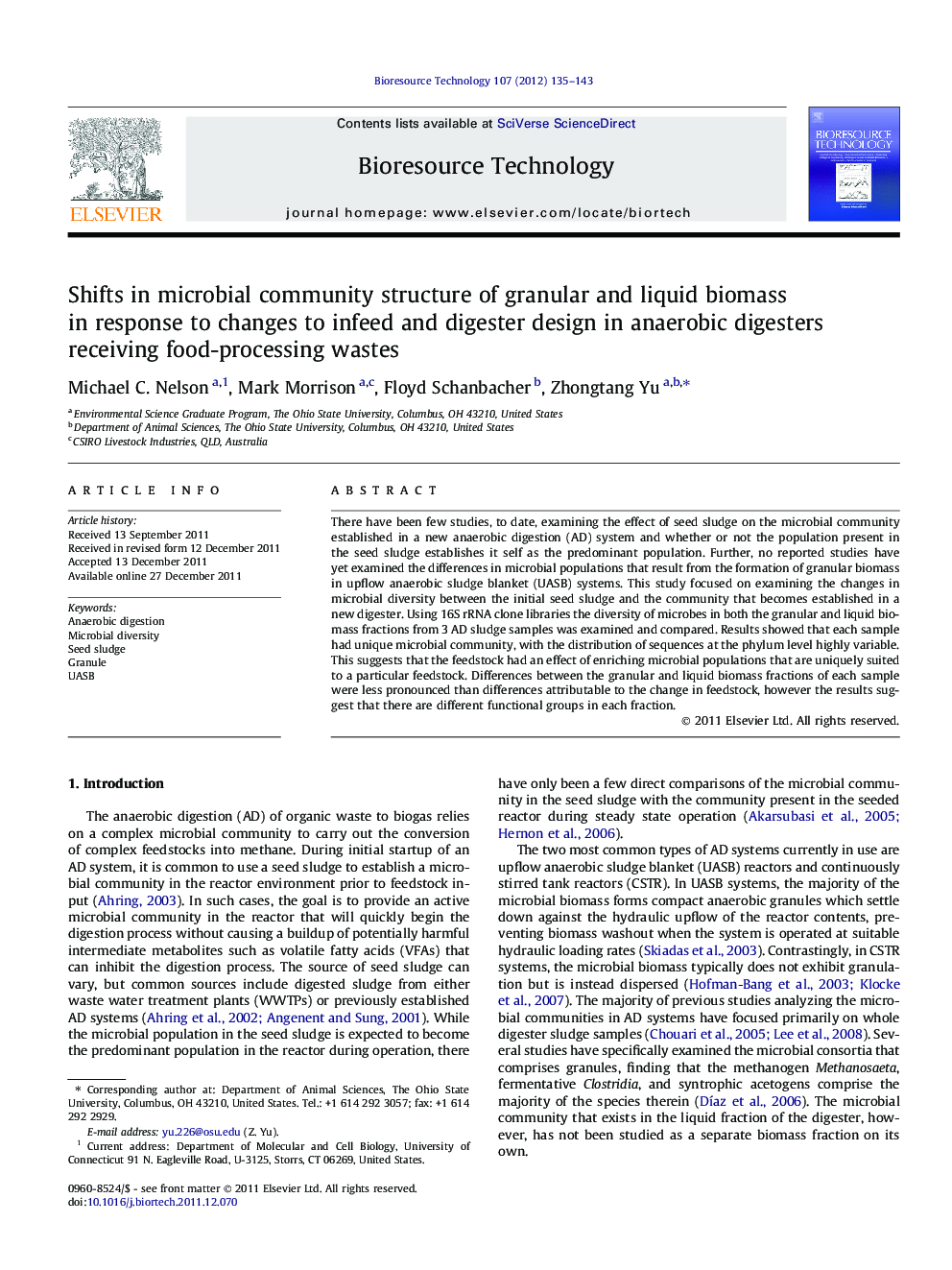 Shifts in microbial community structure of granular and liquid biomass in response to changes to infeed and digester design in anaerobic digesters receiving food-processing wastes