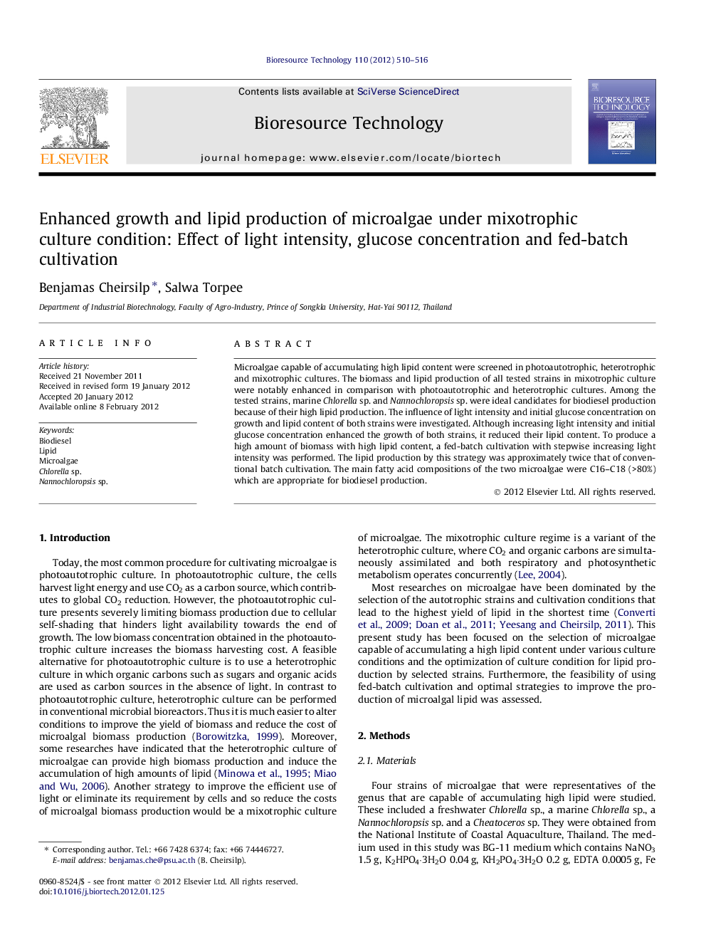 Enhanced growth and lipid production of microalgae under mixotrophic culture condition: Effect of light intensity, glucose concentration and fed-batch cultivation