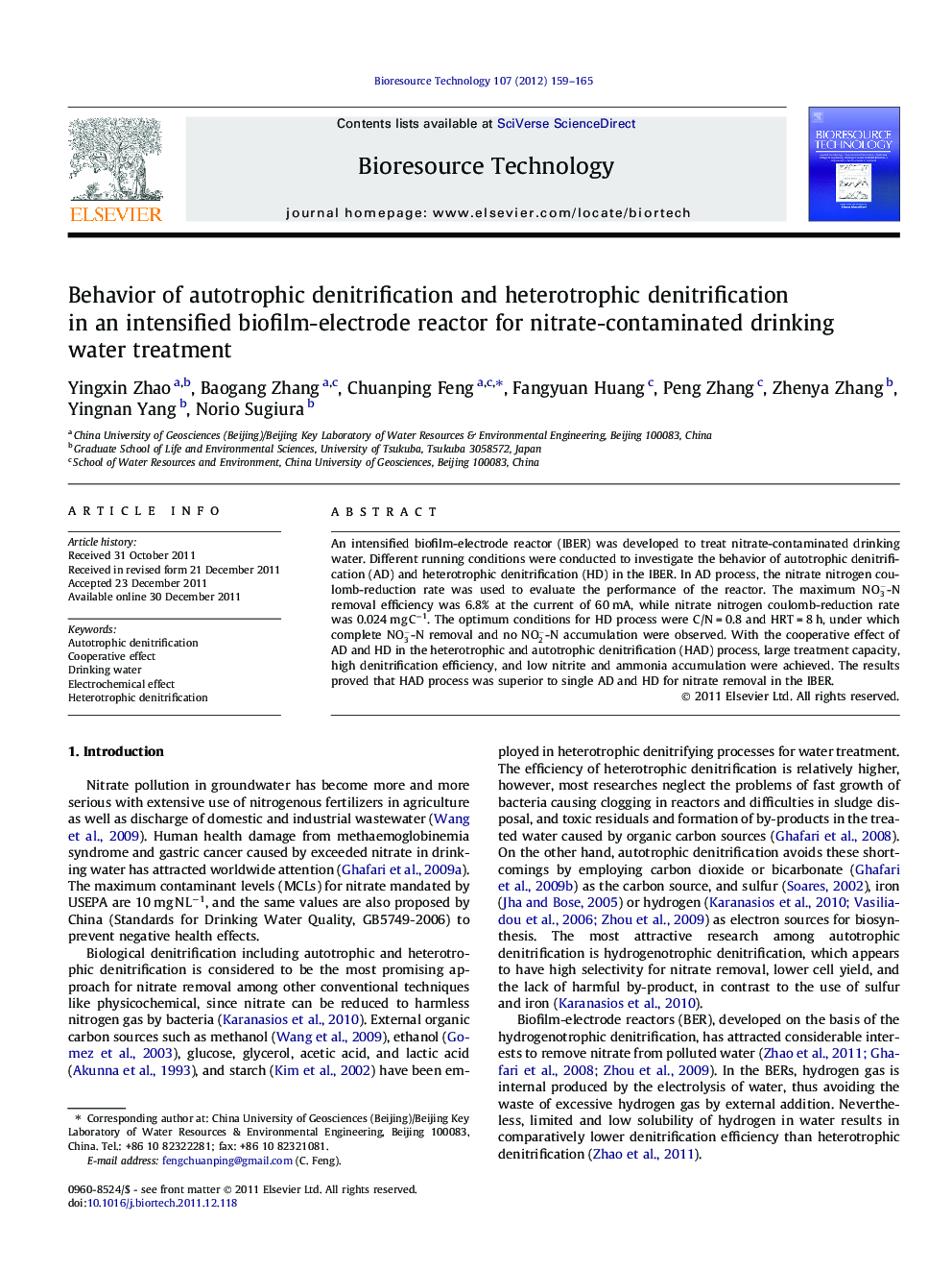 Behavior of autotrophic denitrification and heterotrophic denitrification in an intensified biofilm-electrode reactor for nitrate-contaminated drinking water treatment