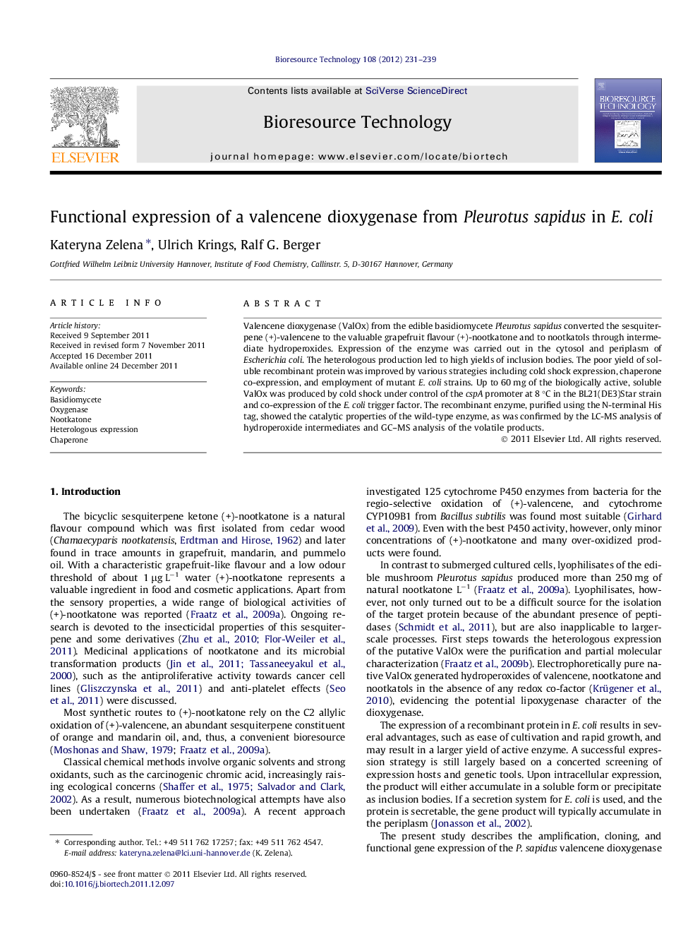 Functional expression of a valencene dioxygenase from Pleurotus sapidus in E. coli