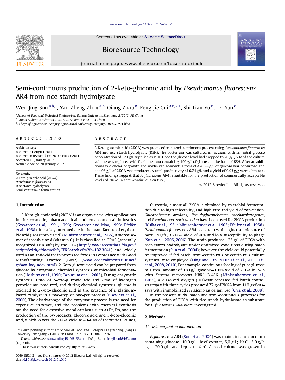 Semi-continuous production of 2-keto-gluconic acid by Pseudomonas fluorescens AR4 from rice starch hydrolysate