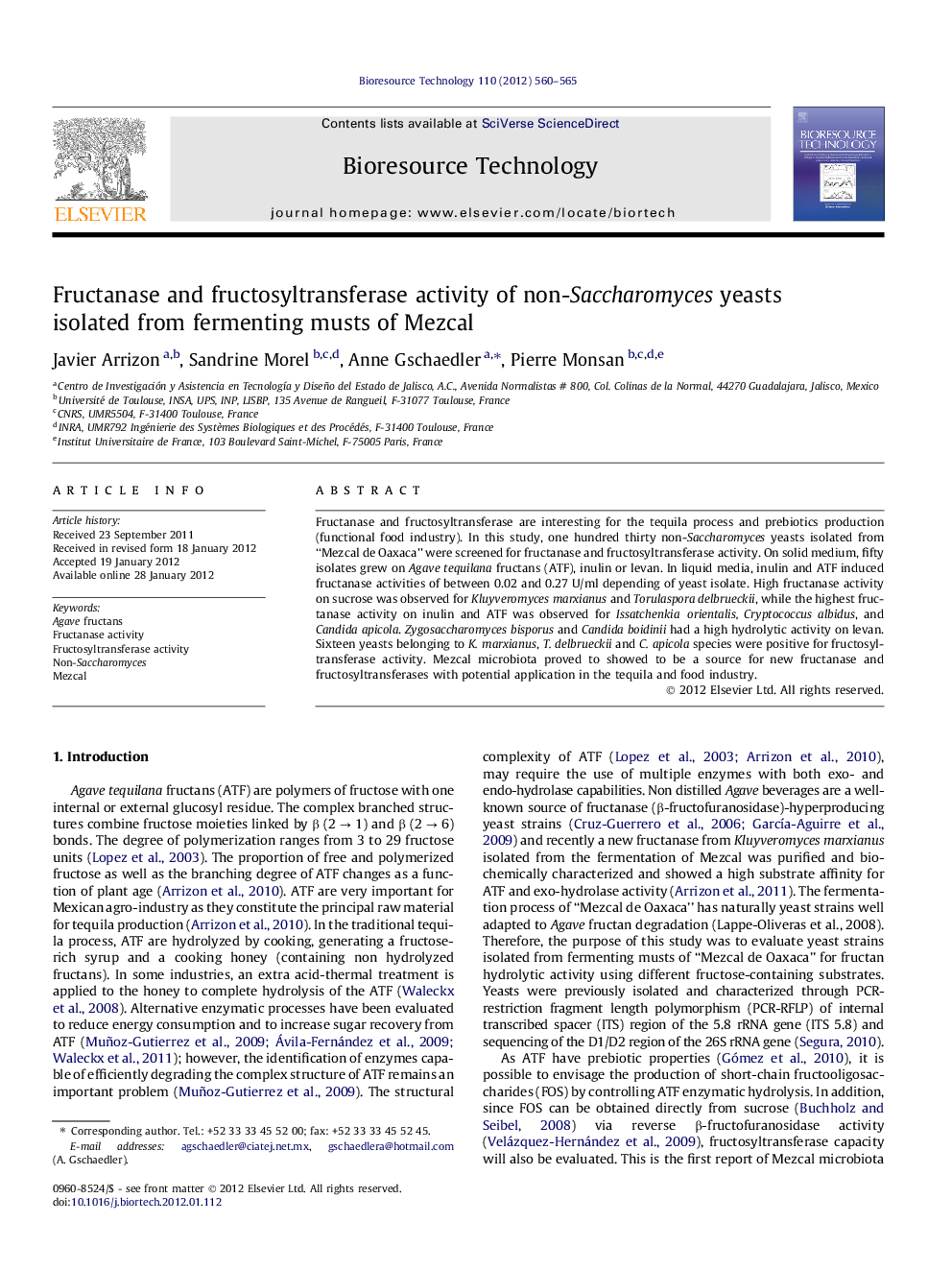 Fructanase and fructosyltransferase activity of non-Saccharomyces yeasts isolated from fermenting musts of Mezcal