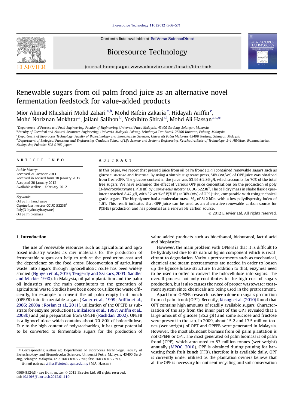 Renewable sugars from oil palm frond juice as an alternative novel fermentation feedstock for value-added products