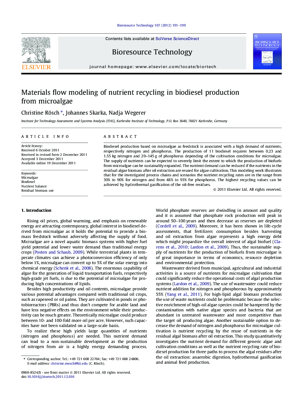 Materials flow modeling of nutrient recycling in biodiesel production from microalgae