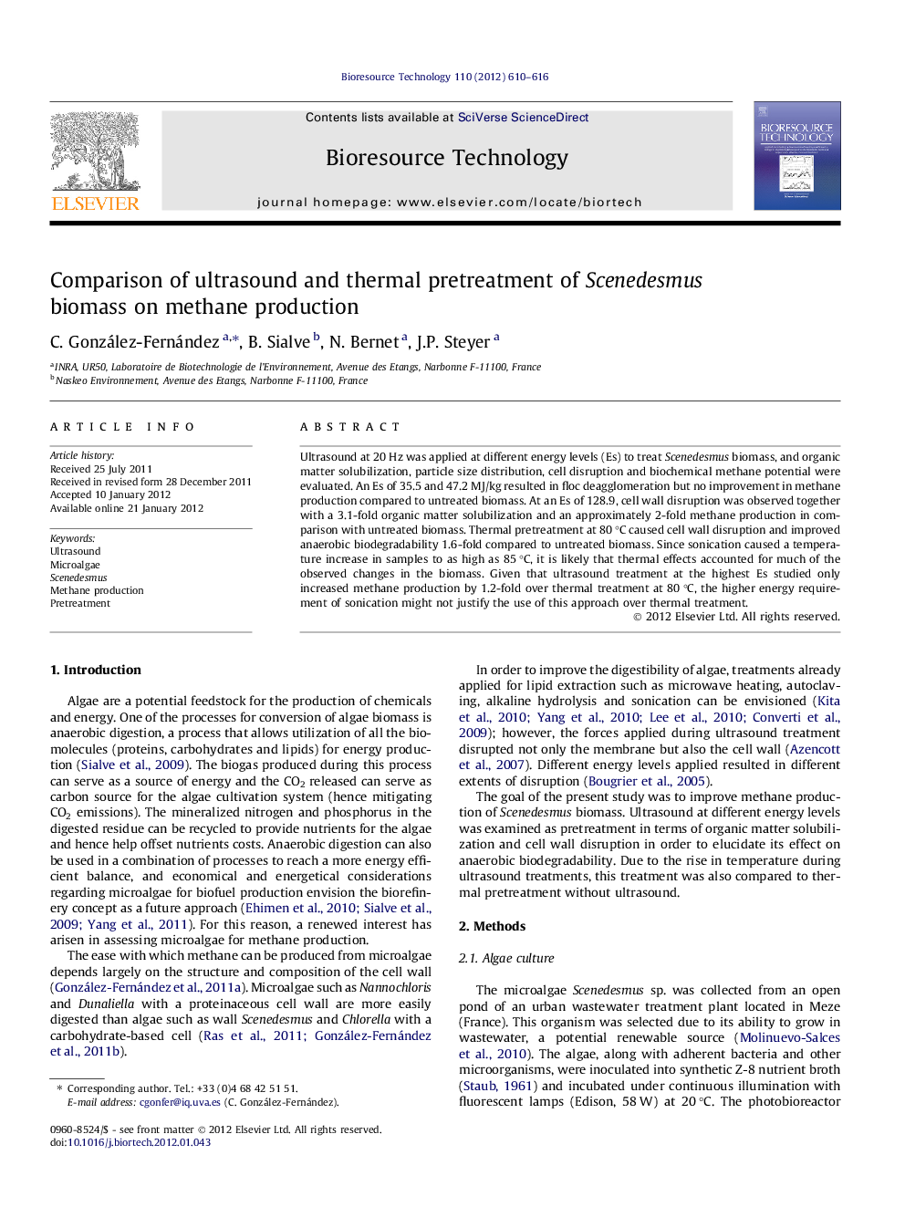 Comparison of ultrasound and thermal pretreatment of Scenedesmus biomass on methane production