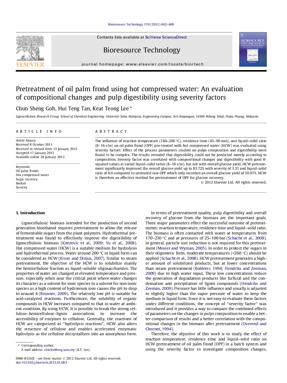 Pretreatment of oil palm frond using hot compressed water: An evaluation of compositional changes and pulp digestibility using severity factors