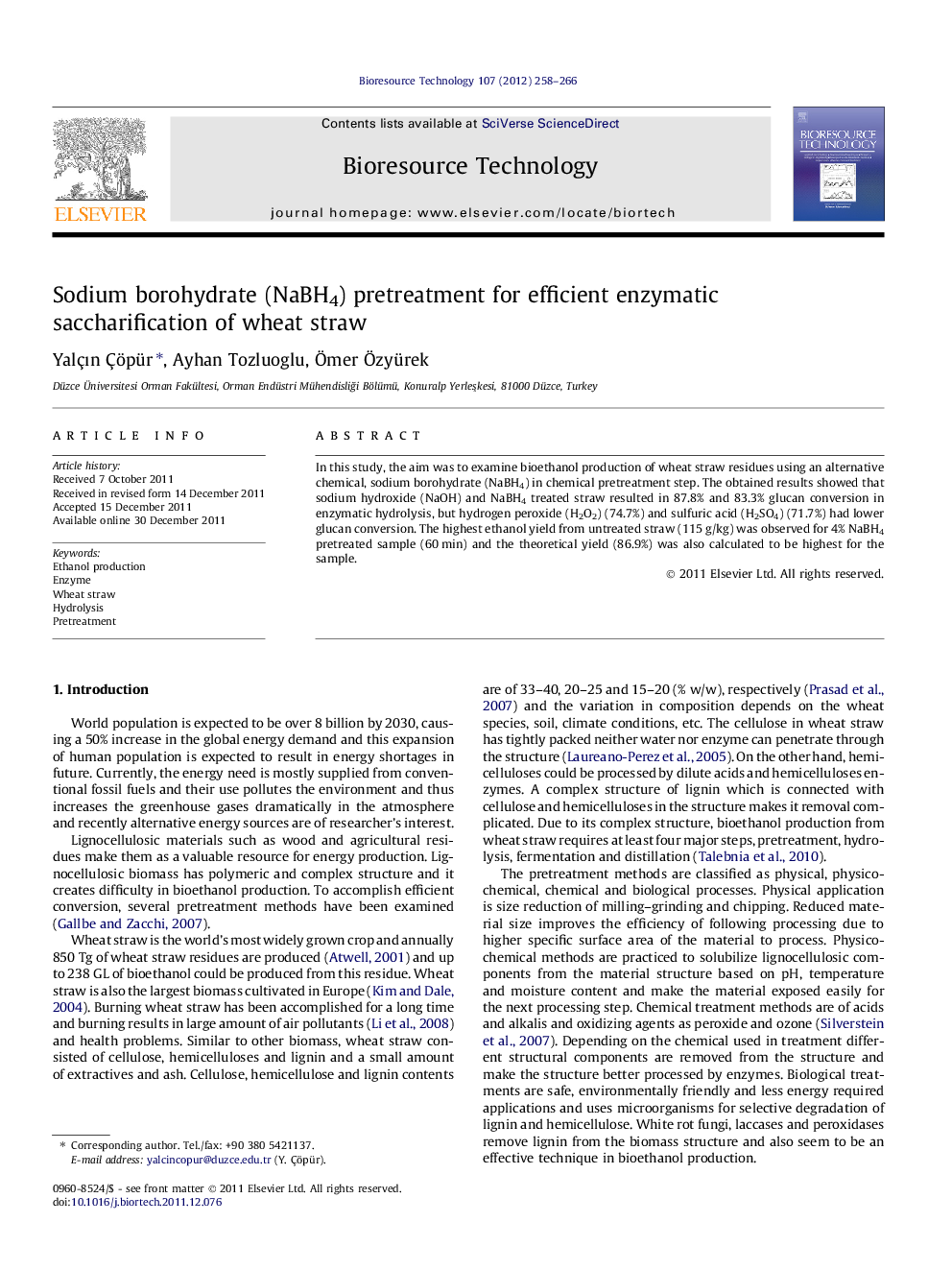 عکس صفحه اول مقاله: Sodium borohydrate (NaBH4) pretreatment for efficient enzymatic saccharification of wheat straw Sodium borohydrate (NaBH4) pretreatment for efficient enzymatic saccharification of wheat straw