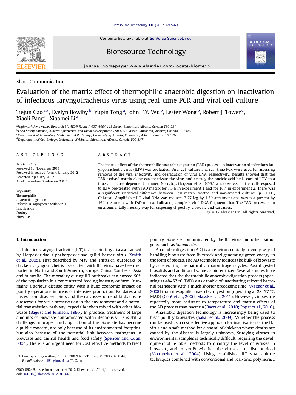 Evaluation of the matrix effect of thermophilic anaerobic digestion on inactivation of infectious laryngotracheitis virus using real-time PCR and viral cell culture