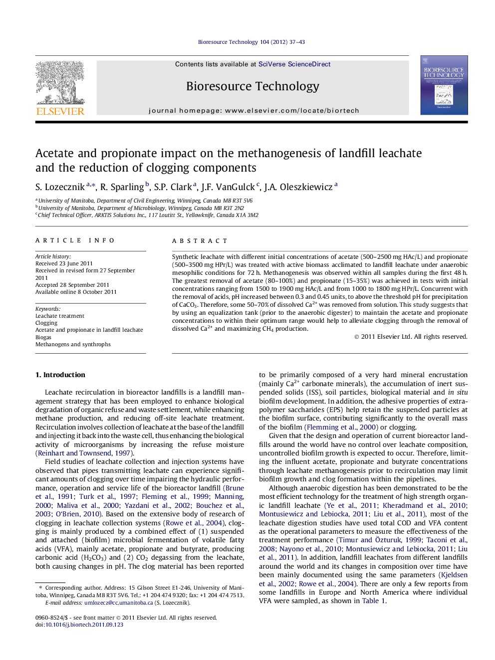 Acetate and propionate impact on the methanogenesis of landfill leachate and the reduction of clogging components