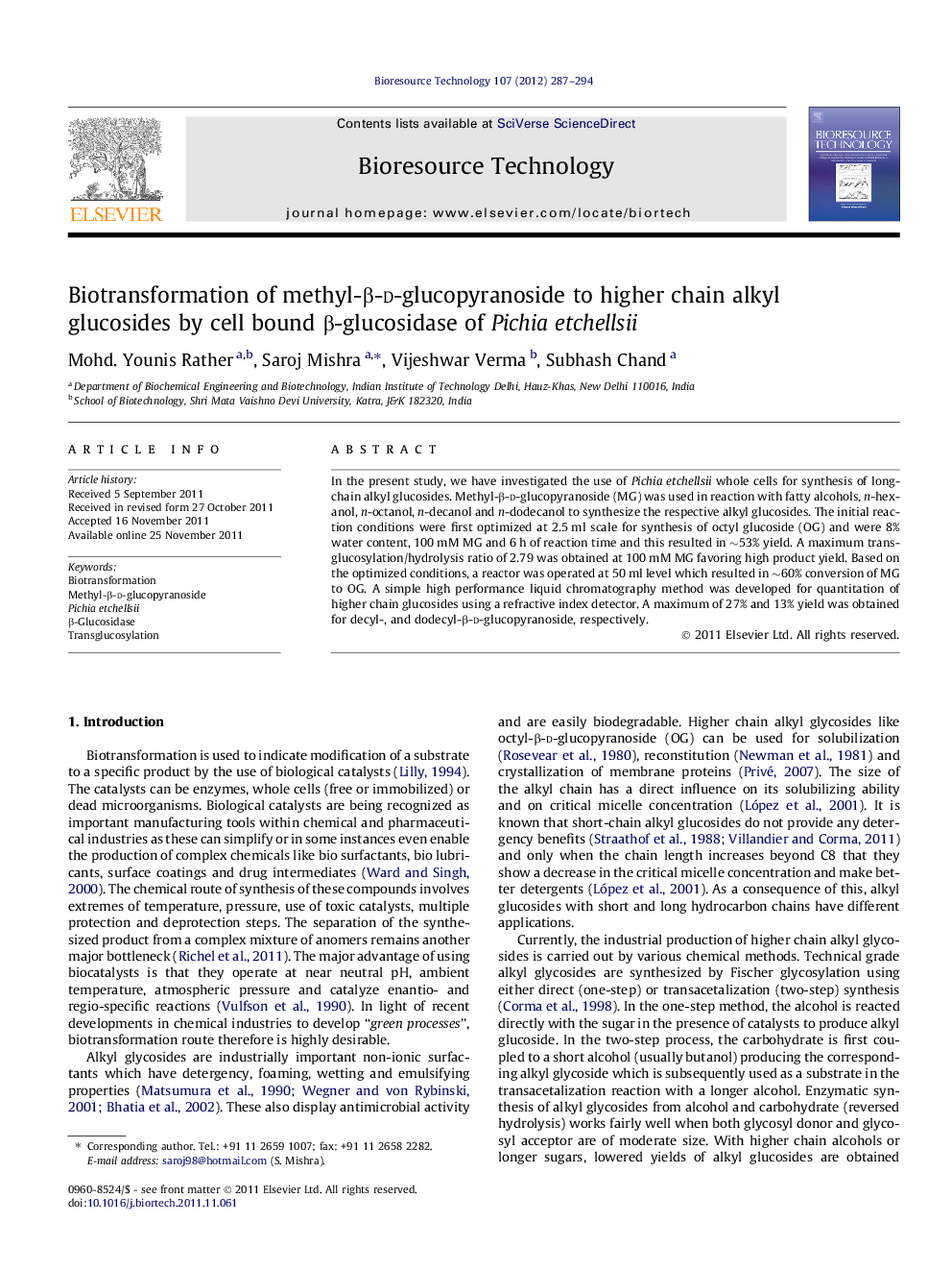 Biotransformation of methyl-Î²-d-glucopyranoside to higher chain alkyl glucosides by cell bound Î²-glucosidase of Pichia etchellsii