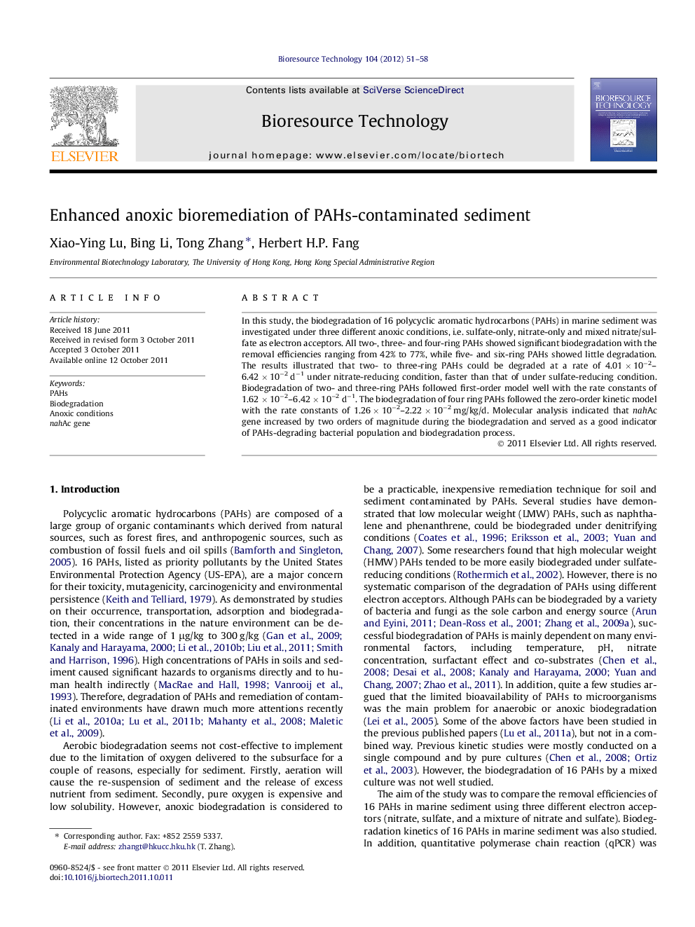 Enhanced anoxic bioremediation of PAHs-contaminated sediment