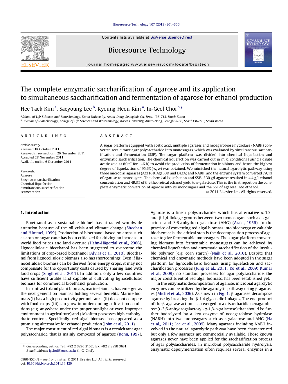 عکس صفحه اول مقاله: The complete enzymatic saccharification of agarose and its application to simultaneous saccharification and fermentation of agarose for ethanol production The complete enzymatic saccharification of agarose and its application to simultaneous saccharification and fermentation of agarose for ethanol production