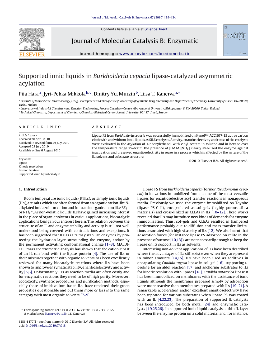 Supported ionic liquids in Burkholderia cepacia lipase-catalyzed asymmetric acylation