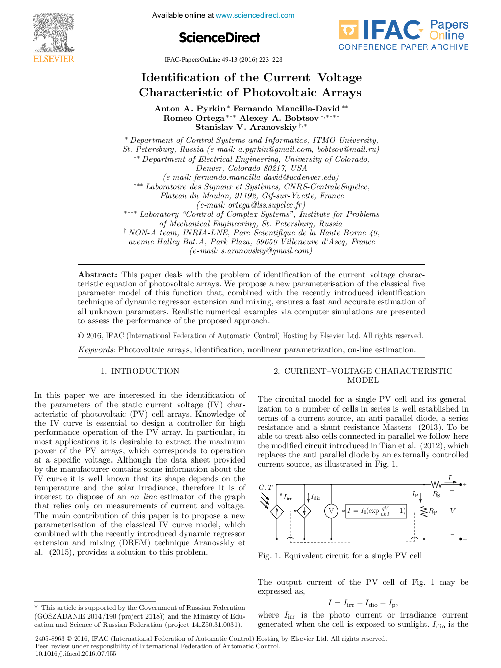 Identification of the Current—Voltage Characteristic of Photovoltaic Arrays