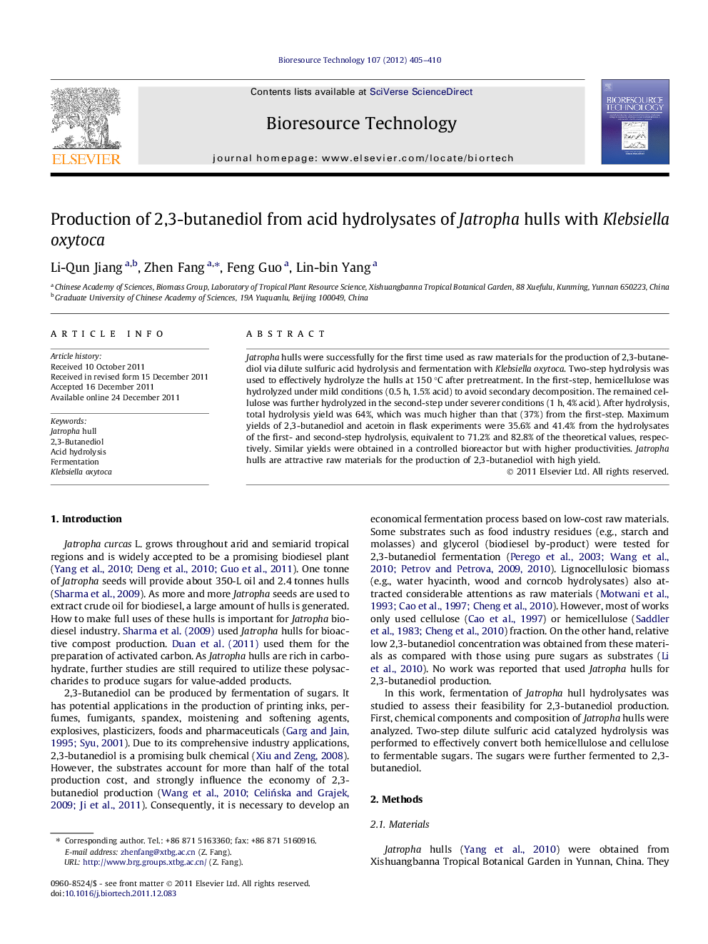 Production of 2,3-butanediol from acid hydrolysates of Jatropha hulls with Klebsiella oxytoca