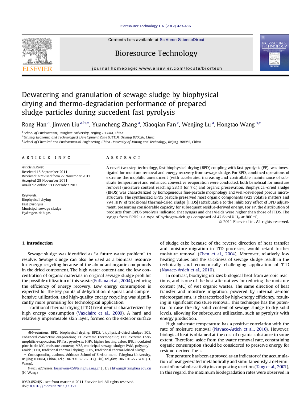 Dewatering and granulation of sewage sludge by biophysical drying and thermo-degradation performance of prepared sludge particles during succedent fast pyrolysis