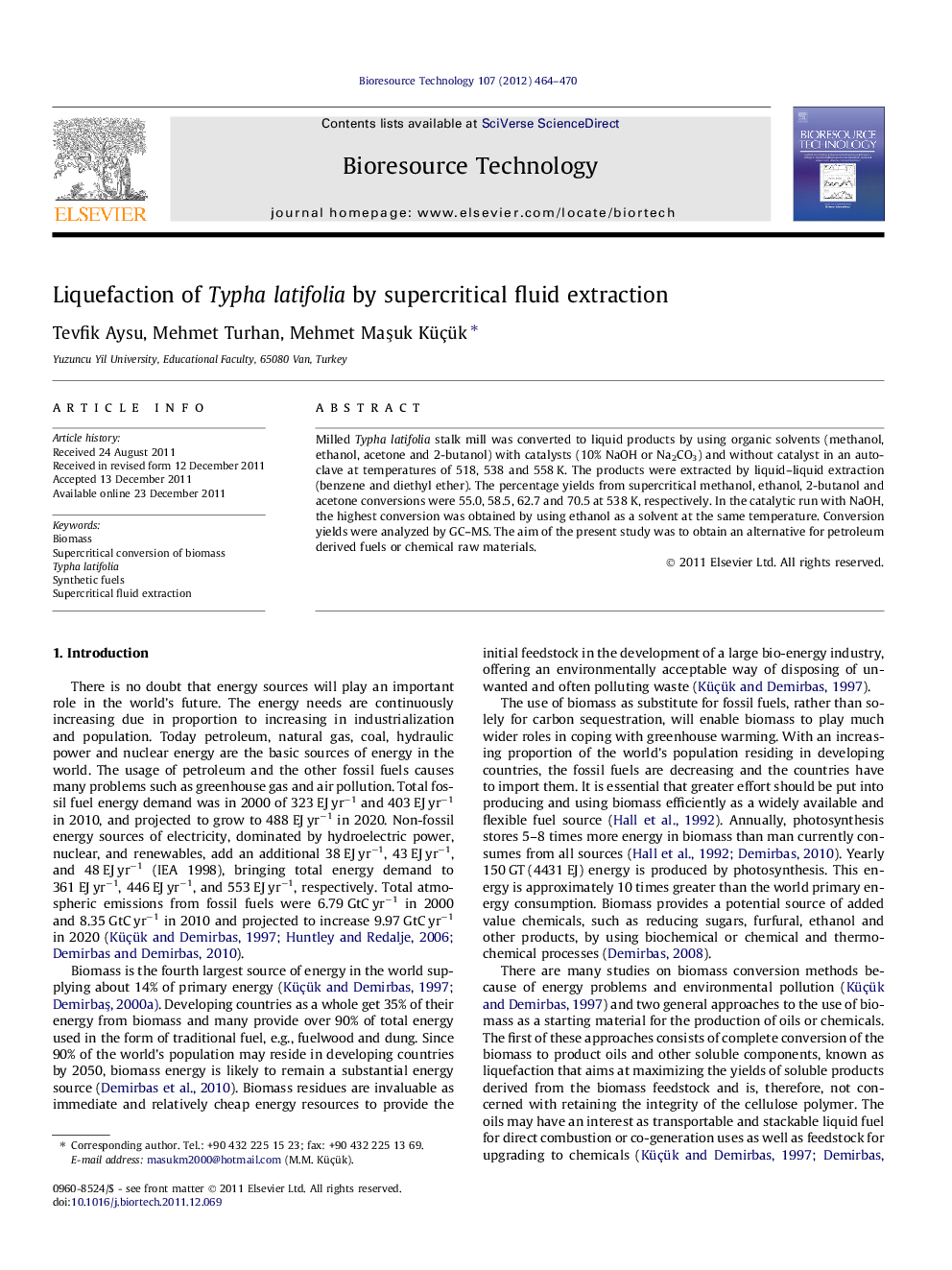 عکس صفحه اول مقاله: Liquefaction of Typha latifolia by supercritical fluid extraction Liquefaction of Typha latifolia by supercritical fluid extraction