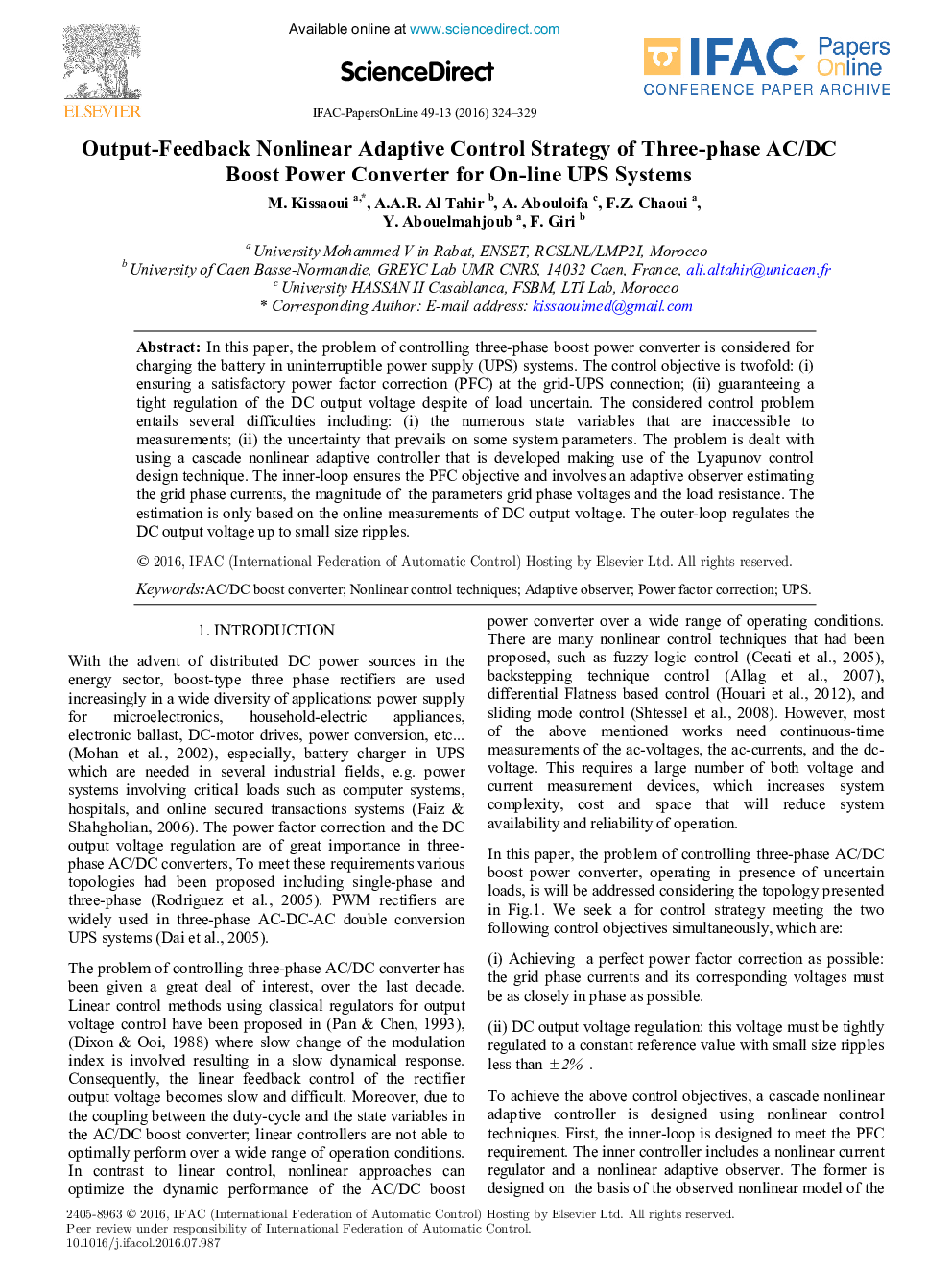 Output-Feedback Nonlinear Adaptive Control Strategy of Three-phase AC/DC Boost Power Converter for On-line UPS Systems