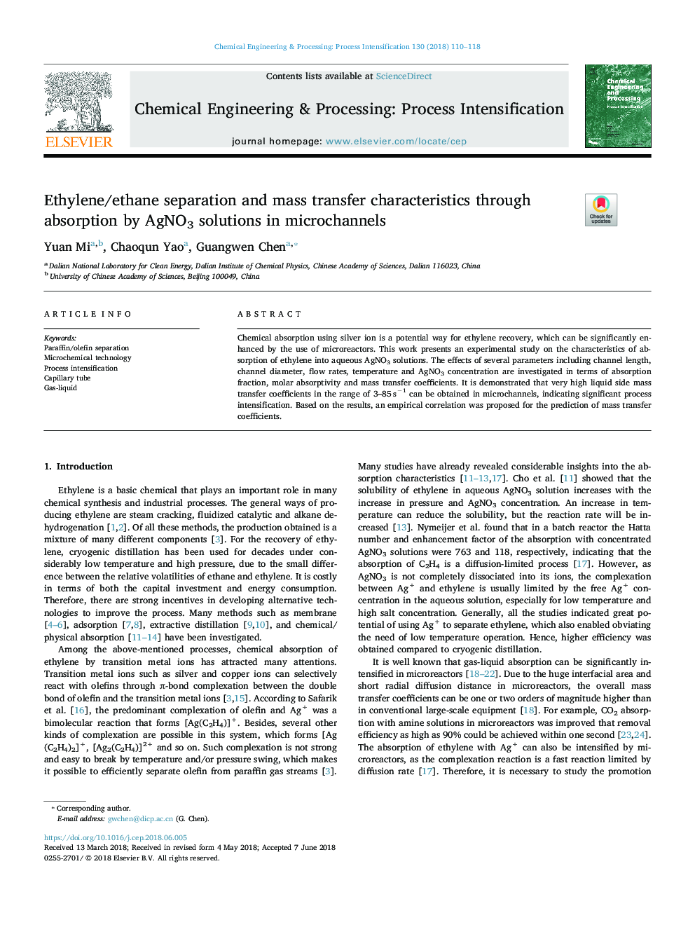 Ethylene/ethane separation and mass transfer characteristics through absorption by AgNO3 solutions in microchannels