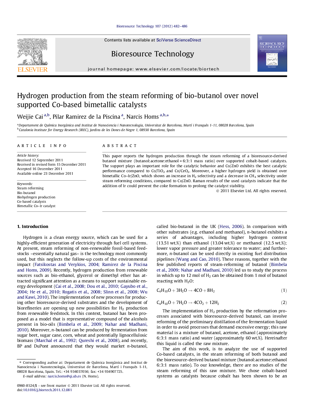 Hydrogen production from the steam reforming of bio-butanol over novel supported Co-based bimetallic catalysts