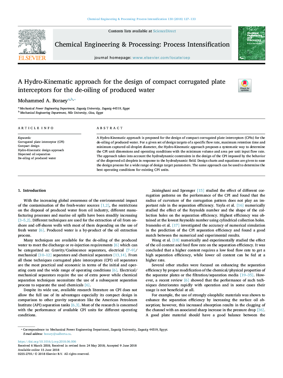 A Hydro-Kinematic approach for the design of compact corrugated plate interceptors for the de-oiling of produced water