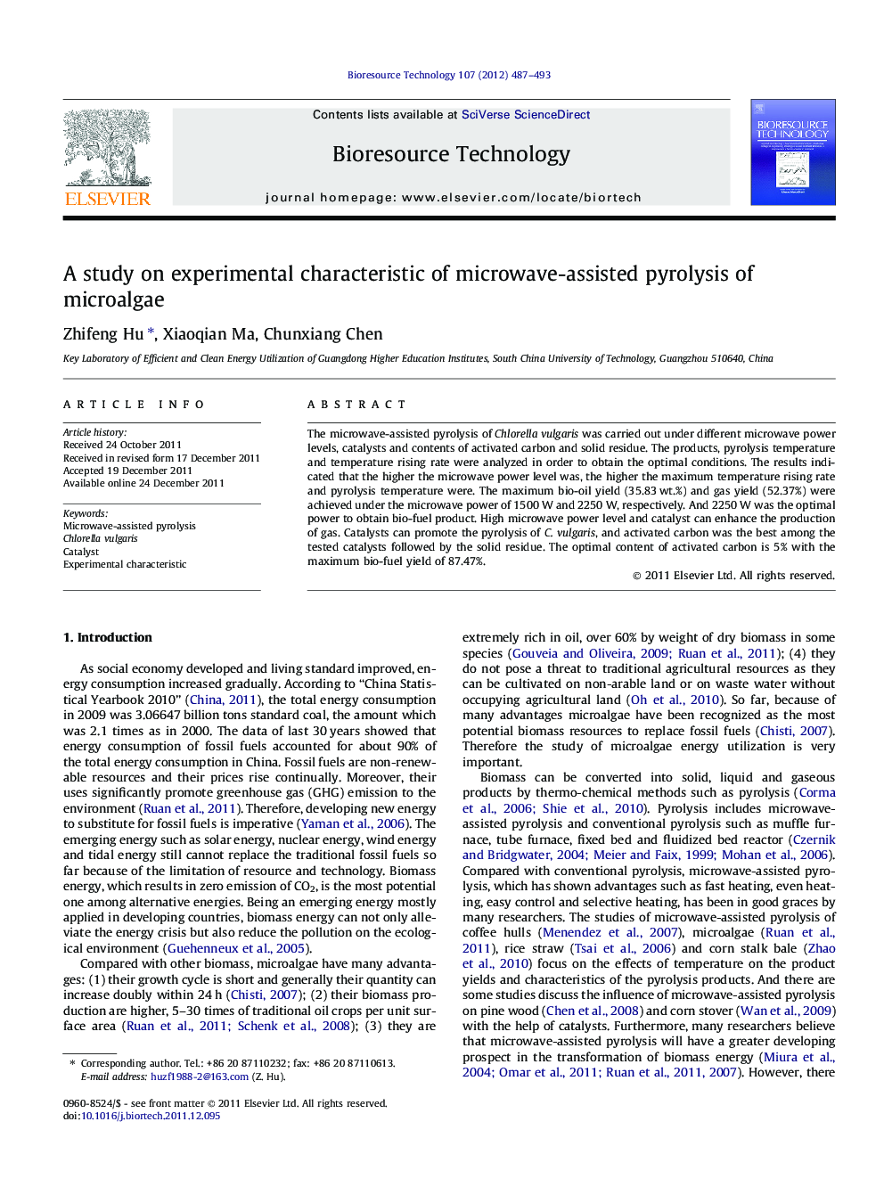عکس صفحه اول مقاله: A study on experimental characteristic of microwave-assisted pyrolysis of microalgae A study on experimental characteristic of microwave-assisted pyrolysis of microalgae