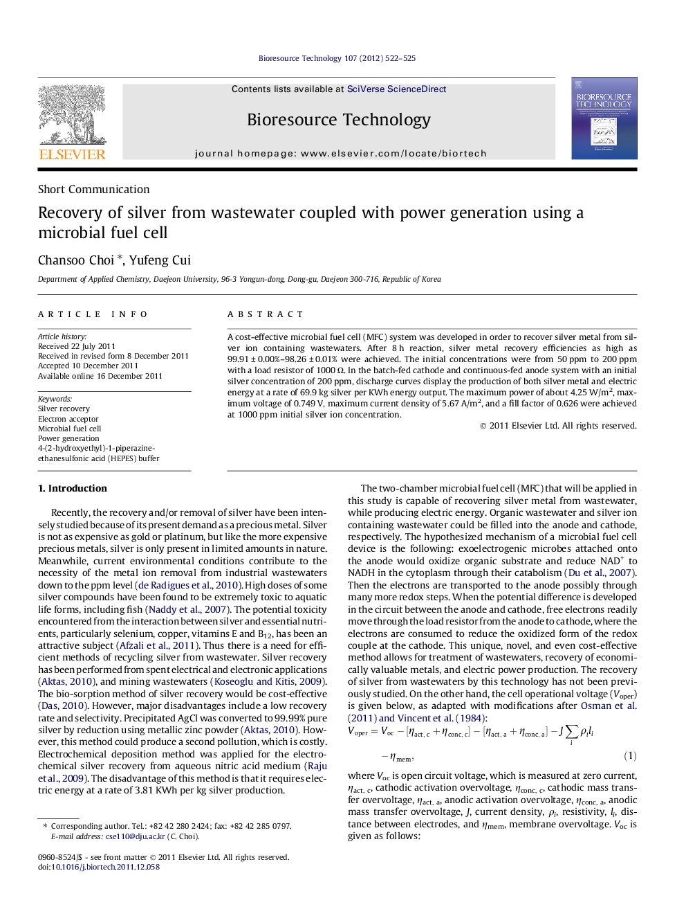 Recovery of silver from wastewater coupled with power generation using a microbial fuel cell