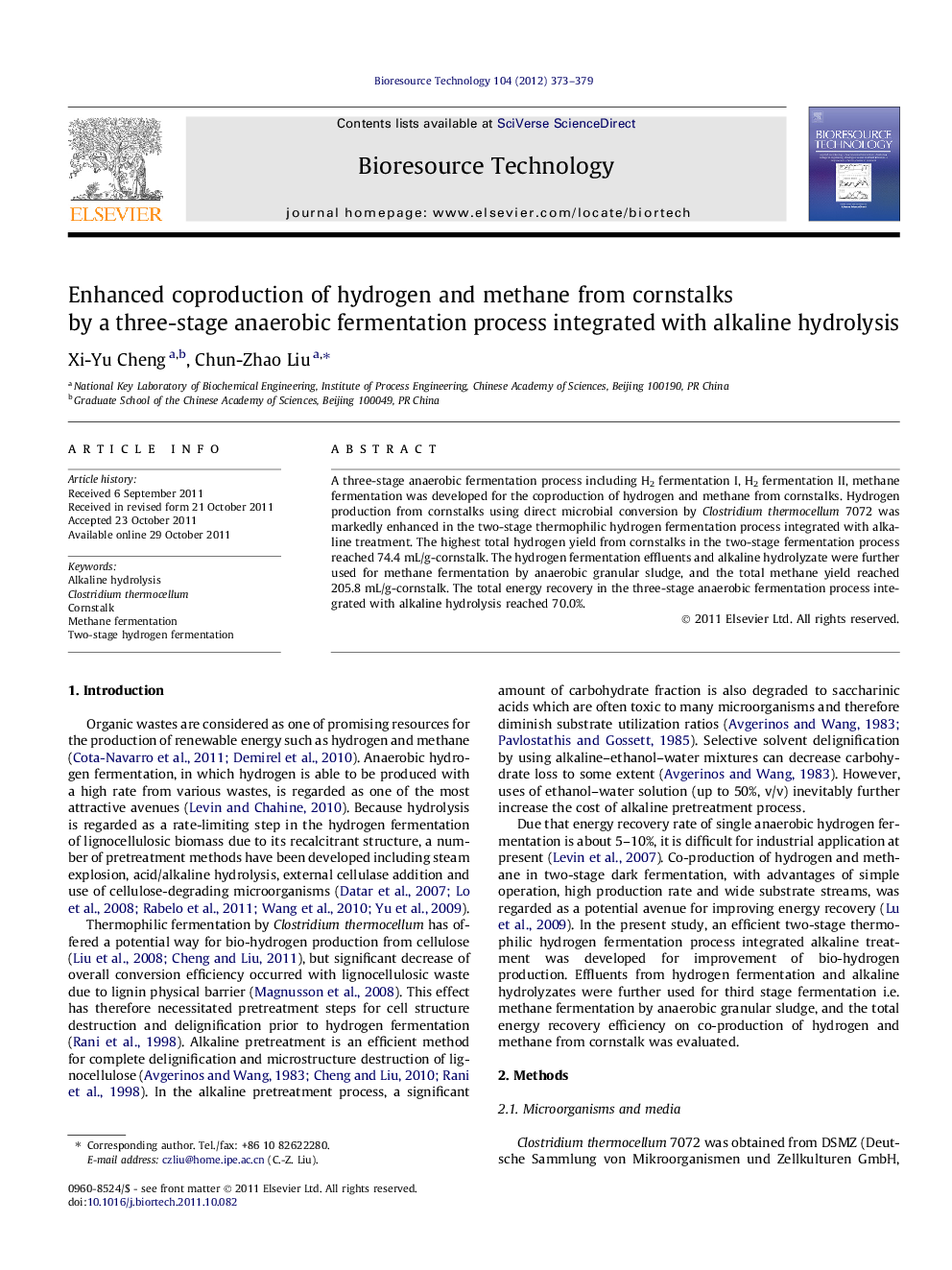 Enhanced coproduction of hydrogen and methane from cornstalks by a three-stage anaerobic fermentation process integrated with alkaline hydrolysis